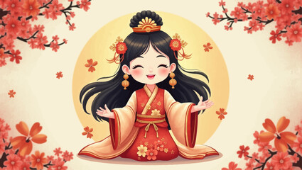 A smiling Chinese goddess with long black hair sits cross-legged surrounded by cherry blossoms in a serene environment with a golden backdrop.