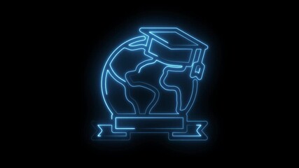 Neon global education globe animation with graduation cap and banner for academic achievement