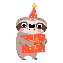 A cute sloth wearing a birthday hat is holding a gift box. Vector illustration on a white background. . Vector illustration