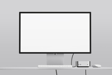 blank modern pc set with high quality monitor display and mini computer with grey studio setup realistic screen mockup design template 3d render isolated