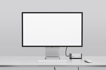 blank modern pc set with high quality monitor display and mini computer with grey studio setup realistic screen mockup design template 3d render isolated