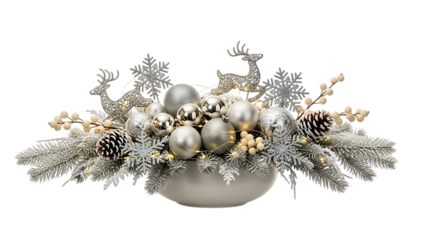 Silver Christmas centerpiece with reindeer ornaments pine cones and lights image