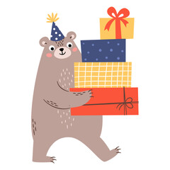 A cute bear wearing a birthday hat carries a mountain of gifts. Vector illustration on a white background. . Vector illustration