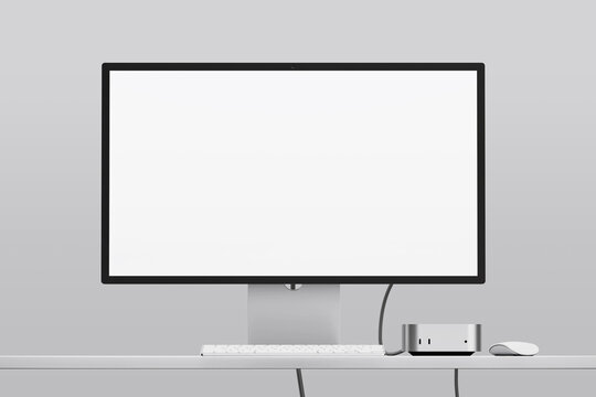blank modern pc set with high quality monitor display and mini computer with grey studio setup realistic screen mockup design template 3d render isolated