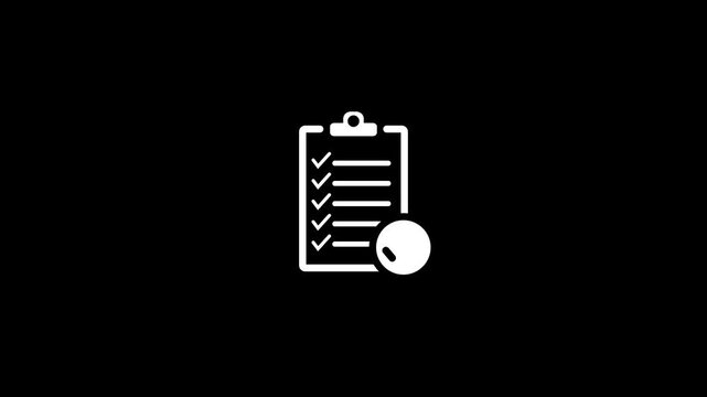 Animated of completed checklist with checkmark animation on black background. Approval and success checkmark with boxes being ticked, 4k video