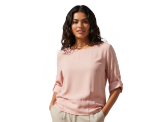 Young woman with long dark wavy hair wearing a pink blouse and light pants, hands in pockets, isolated on transparent background