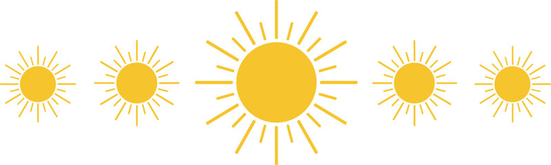 Sun icon vector set featuring multiple radiant sunshine symbols in bright yellow style isolated on white background for weather, summer, and energy design