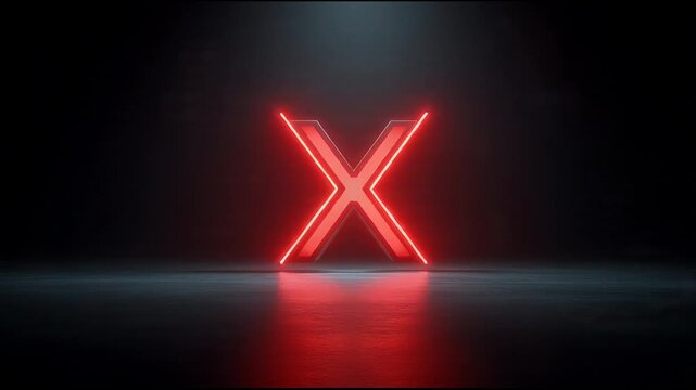 Glowing red neon letter x on dark reflective surface in abstract futuristic environment