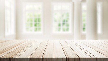 Wooden table top in blur background of white room with windows for product display or design, panoramic of white room with column