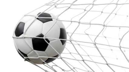 Soccer ball in white goal net on black isolated on a transparent background