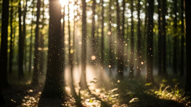 Sunlight particles in forest air background.