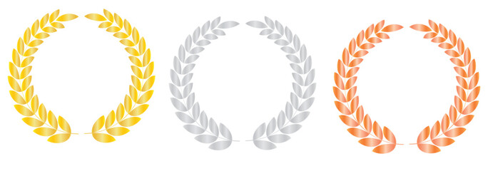 Gold, silver and bronze medals laurel wreaths for the first, second and third place winners.Winning places.Award nomination trophy.Sign, symbol, icon and logo isolated.Graphic.Vector illustration.