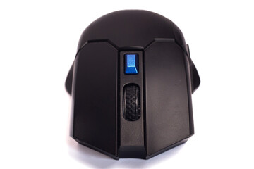 Fototapeta premium black wireless gaming mouse isolated on white background, Office wireless optical USB mouse computer