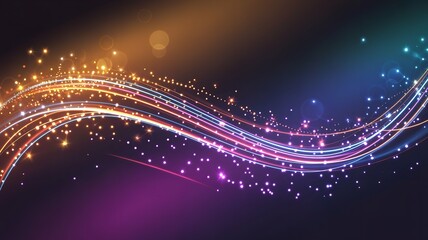 Obraz premium Dynamic glowing lines flow with vibrant particles forming abstract wave on dark background.