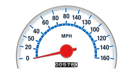 Speedometer with red needle on white face and blue markings isolated on a transparent background