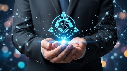 Businessman holding glowing partnership icon with network connections