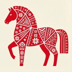 New Year's card 2026: a red horse with Slavic (Belarusian and Ukrainian) ornamentation on a white background