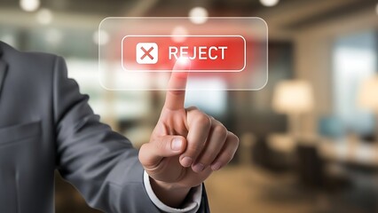 Businessman pressing reject button on virtual interface in office