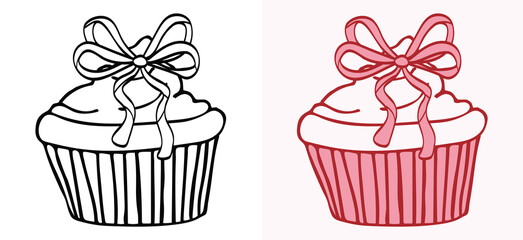 hand drawn coquette cupcakes with decorative ribbon bows. Line art and pink colored versions of a sweet dessert muffin. High quality vector graphics for bakery and celebration designs.