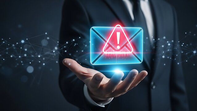 Businessman presenting a warning sign on his hand with glowing network connections - Powered by Adobe