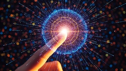 Finger touching glowing blue circle with colorful background
