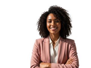 Portrait of a smiling young african american businesswoman with curly hair in a pink blazer, arms crossed, isolated on transparent background