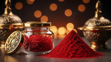 Red powder and jar with ornate gold containers in the background
