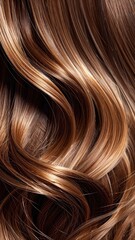 Naklejka premium Close-up of richly colored, wavy brown and blonde highlighted hair strands.