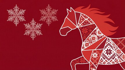 New Year's card 2026: a horse with Slavic (Belarusian and Ukrainian) ornamentation on a red background
