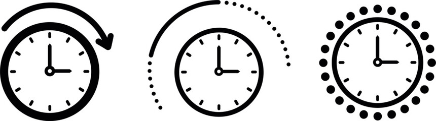 Time management and deadline clock icon vector set showing progress, countdown, and circular timing indicators isolated on white background for productivity and scheduling design