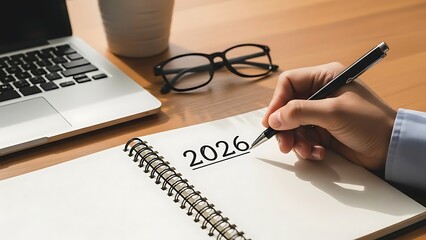 hand writing new year date in notebook on wooden desk with laptop