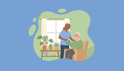 Caregiver helps senior man water plants at home Elderly care assistance and home nursing illustration