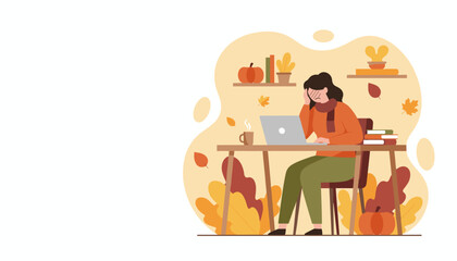 Fototapeta premium Tired woman works on laptop surrounded by fall decor Seasonal stressremote study concept