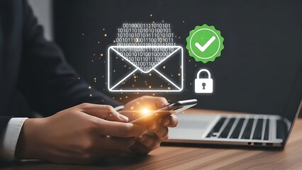 man holding smartphone with email and security icons on screen