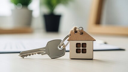 Key and house shape keychain on table with blurred background, concept of real estate agency, buying or renting property
