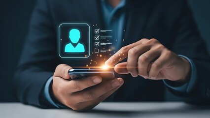man holding smartphone with user interface on screen