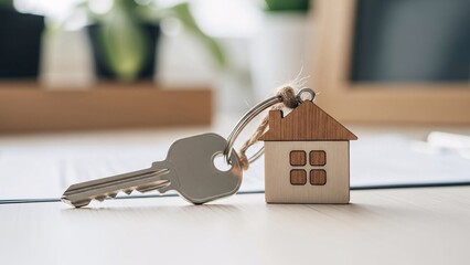Key and house shape keychain on table with blurred background, concept of real estate agency, buying or renting property