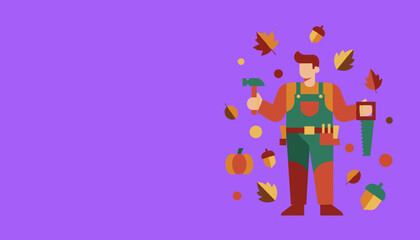 Flat design illustration of a handyman holding tools surrounded by autumn leaves and a pumpkin