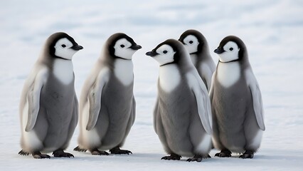 Obraz premium Group of five penguins standing on ice