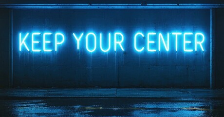 Naklejka premium Bright blue neon sign displays text. Dark background, wet concrete wall creates dramatic effect. Minimalist aesthetic, inspirational message.