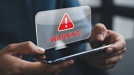 person holding smartphone with warning alert on screen