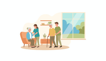 Eldercare services illustration nurse and relative assist senior couple