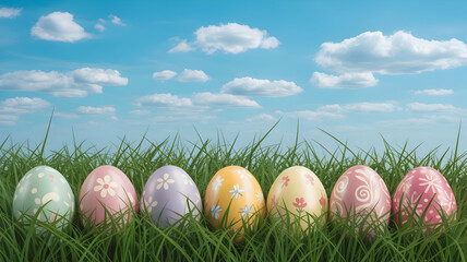 Fototapeta premium Easter eggs in a grassy field under a blue sky with fluffy clouds