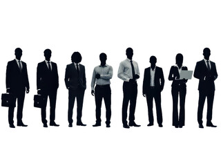 Silhouettes of business people standing in a row, group of professionals in formal attire, isolated on transparent background