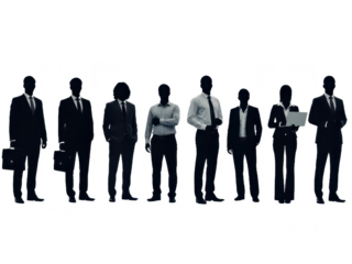 Silhouettes of business people standing in a row, group of professionals in formal attire, isolated on transparent background