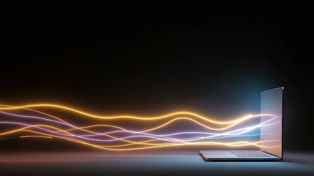 Open laptop with flowing neon light waves on dark background
