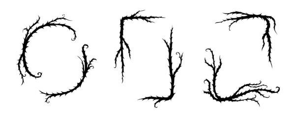 Thorn vine frames and borders vector set. Black twisted thorn branches, barbed stems, creepy patterns. Isolated design elements for tattoos, gothic art, religious symbols. © Konstantin
