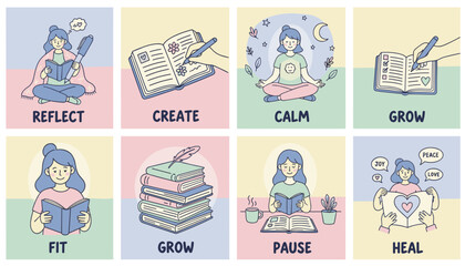 Set of cute illustrations for selfcare featuring mental health practices like journaling meditation reading and personal growth