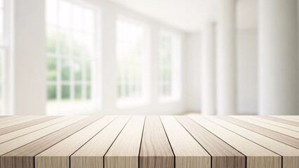 Wooden table top in blur background of white room with windows for product display or design, panoramic of white room with column