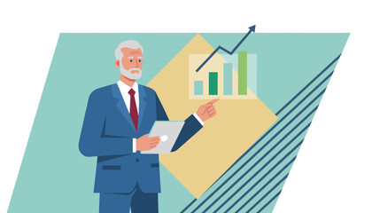 Experienced executive presenting growth strategy using tablet and upward trending chart illustration